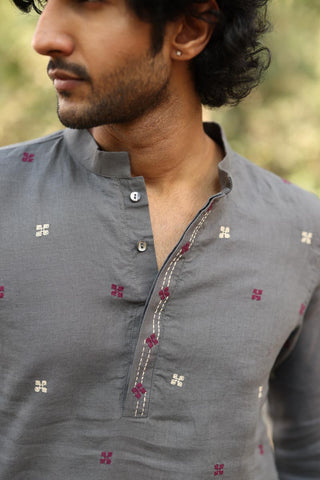 Grey Hand-Embroidered Short Kurta Set | Linen Kurta set for Men 