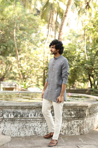 Grey Hand-Embroidered Short Kurta Set | Linen Kurta set for Men 