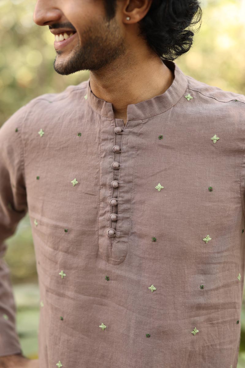 Brown Hand-Embroidered Short Kurta Set | Linen Short Kurta for men