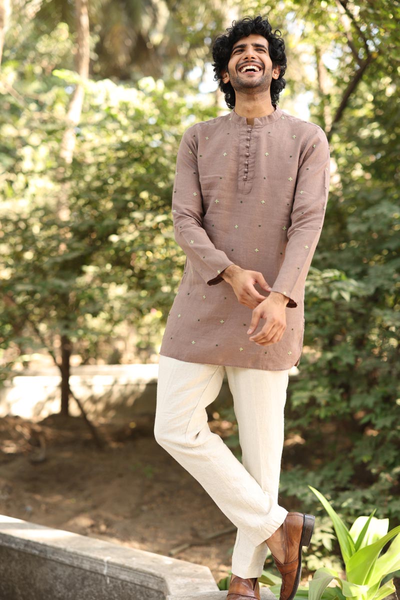 Brown Hand-Embroidered Short Kurta Set | Linen Short Kurta for men