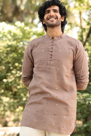 Brown Hand-Embroidered Short Kurta Set | Linen Short Kurta for men