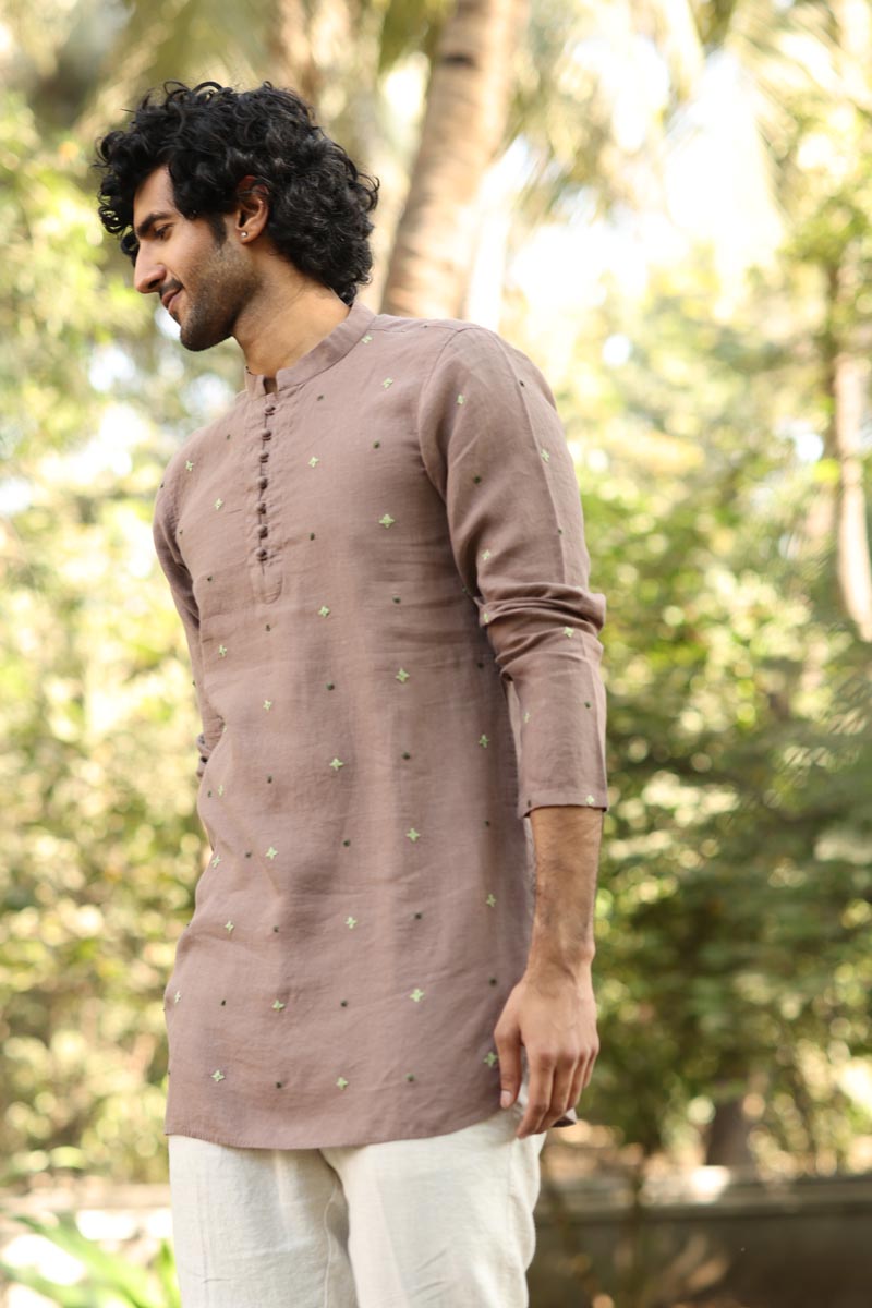 Brown Hand-Embroidered Short Kurta Set | Linen Short Kurta for men