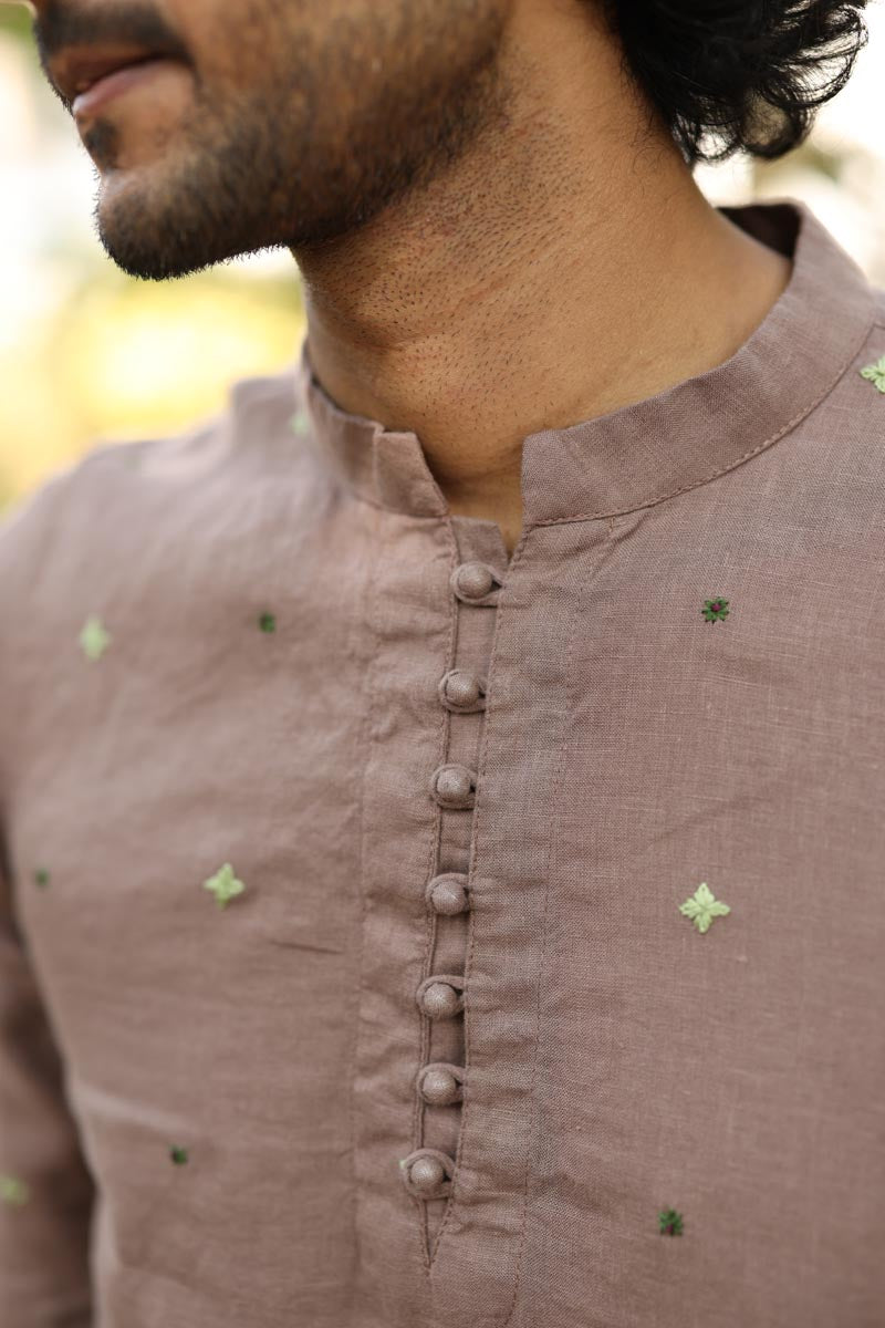 Brown Hand-Embroidered Short Kurta Set | Linen Short Kurta for men