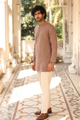 Brown Hand-Embroidered Short Kurta Set | Linen Short Kurta for men