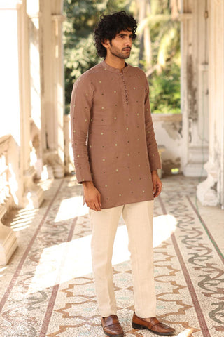 Brown Hand-Embroidered Short Kurta Set | Linen Short Kurta for men