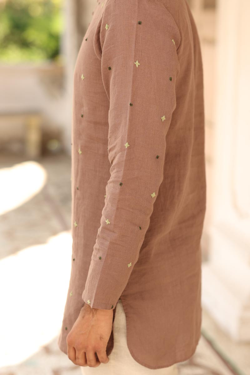 Brown Hand-Embroidered Short Kurta Set | Linen Short Kurta for men