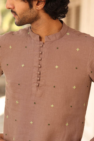 Brown Hand-Embroidered Short Kurta Set | Linen Short Kurta for men