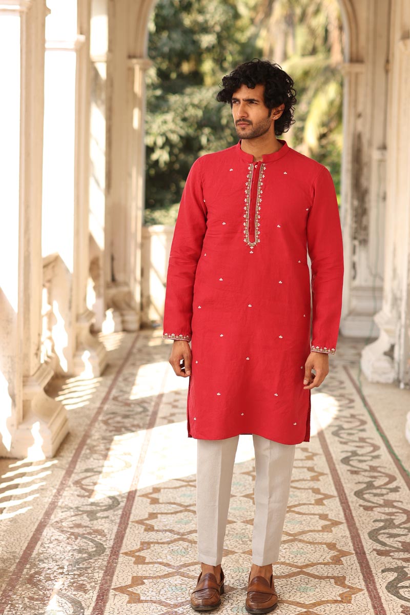 Crimson Hand Embroidered Kurta Set | linen kurta sets for men 