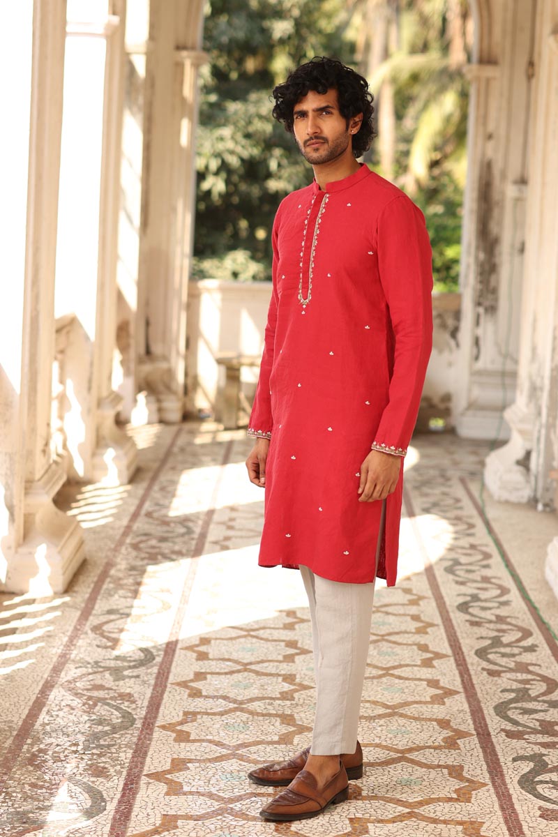 Crimson Hand Embroidered Kurta Set | linen kurta sets for men 