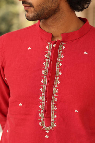 Crimson Hand Embroidered Kurta Set | linen kurta sets for men 