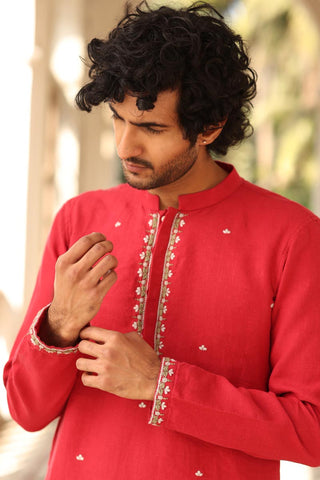 Crimson Hand Embroidered Kurta Set | linen kurta sets for men 