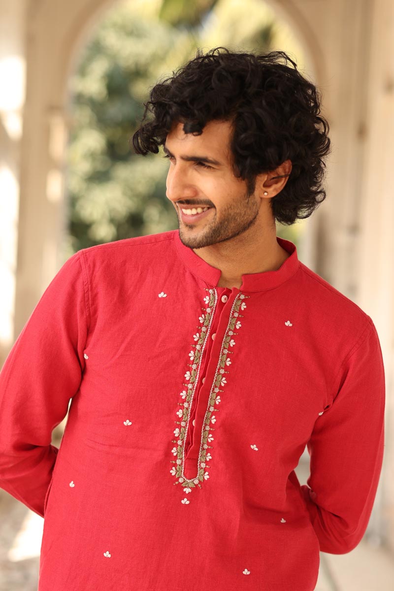 Crimson Hand Embroidered Kurta Set | linen kurta sets for men 