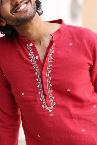 Crimson Hand Embroidered Kurta Set | linen kurta sets for men 