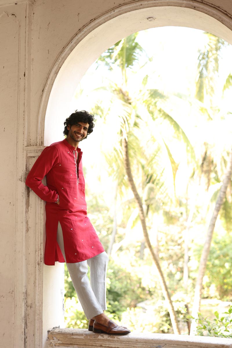 Crimson Hand Embroidered Kurta Set | linen kurta sets for men 