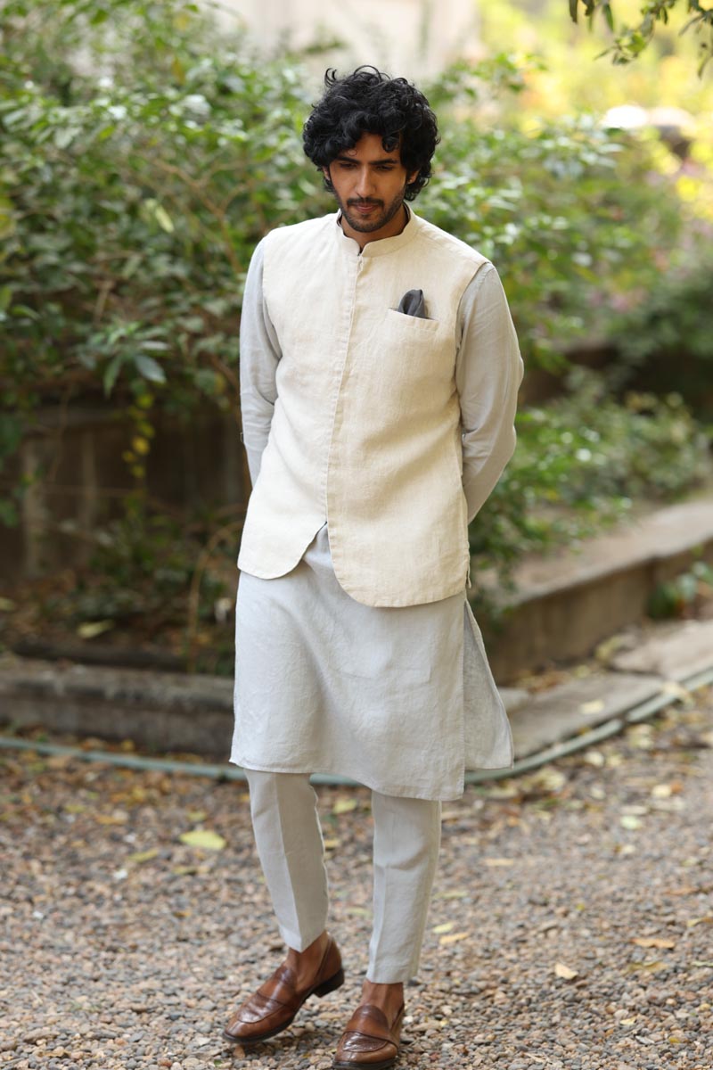 Cloud Grey Kurta & Jacket Set | linen kurta jacket set for men