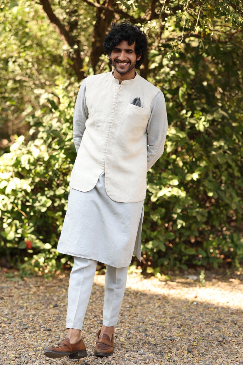 Cloud Grey Kurta & Jacket Set | linen kurta jacket set for men