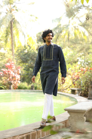 Navy Blue Pleated Hand-Embroidered Kurta Set | linen kurta set for men