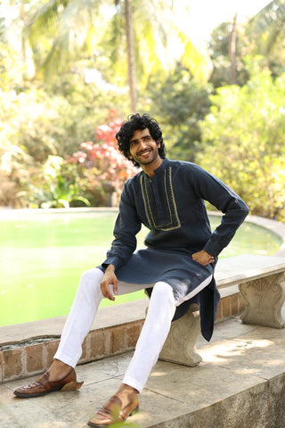 Navy Blue Pleated Hand-Embroidered Kurta Set | linen kurta set for men