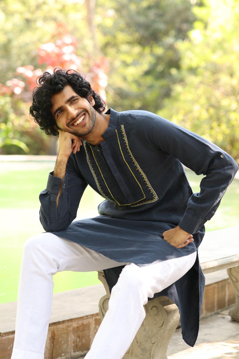 Navy Blue Pleated Hand-Embroidered Kurta Set | linen kurta set for men