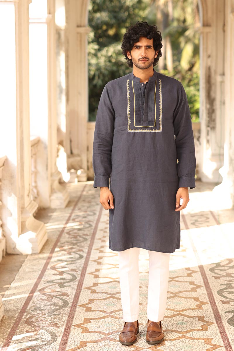 Navy Blue Pleated Hand-Embroidered Kurta Set | linen kurta set for men