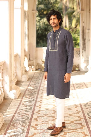 Navy Blue Pleated Hand-Embroidered Kurta Set | linen kurta set for men