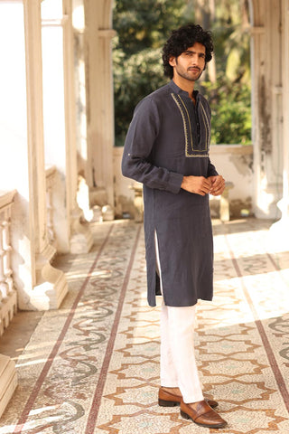 Navy Blue Pleated Hand-Embroidered Kurta Set | linen kurta set for men