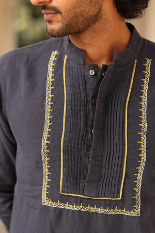 Navy Blue Pleated Hand-Embroidered Kurta Set | linen kurta set for men