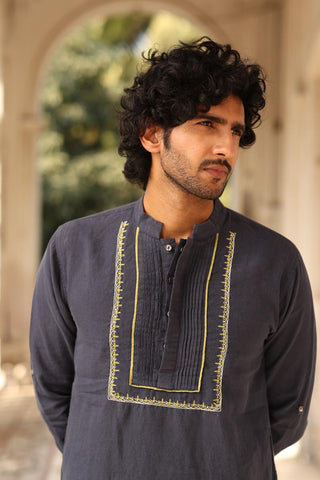 Navy Blue Pleated Hand-Embroidered Kurta Set | linen kurta set for men