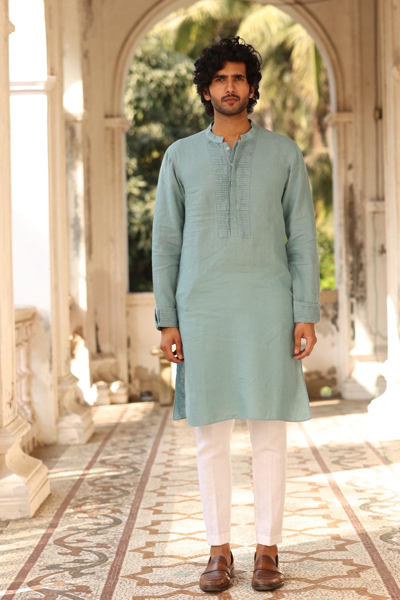 Sage Green Pleated-Cuff Kurta Set |  Linen Kurta Set for men