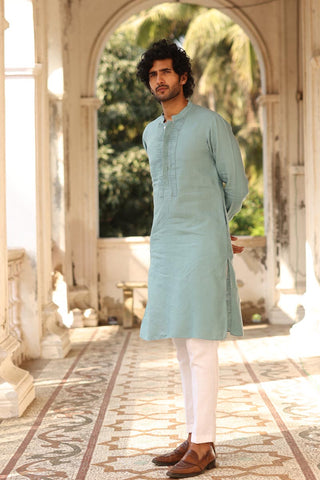 Sage Green Pleated-Cuff Kurta Set |  Linen Kurta Set for men