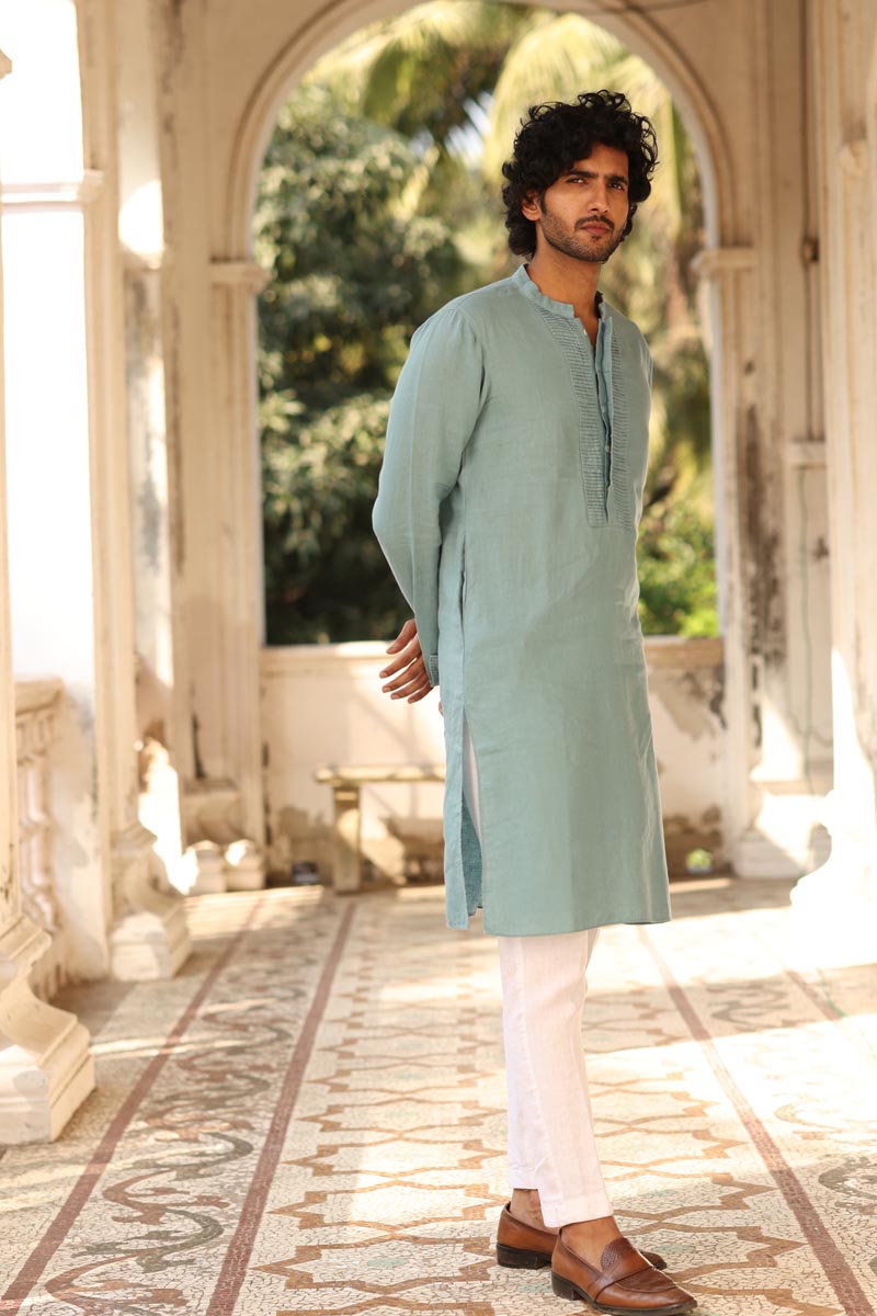 Sage Green Pleated-Cuff Kurta Set |  Linen Kurta Set for men