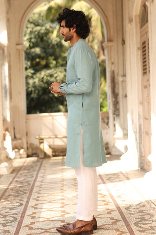 Sage Green Pleated-Cuff Kurta Set |  Linen Kurta Set for men