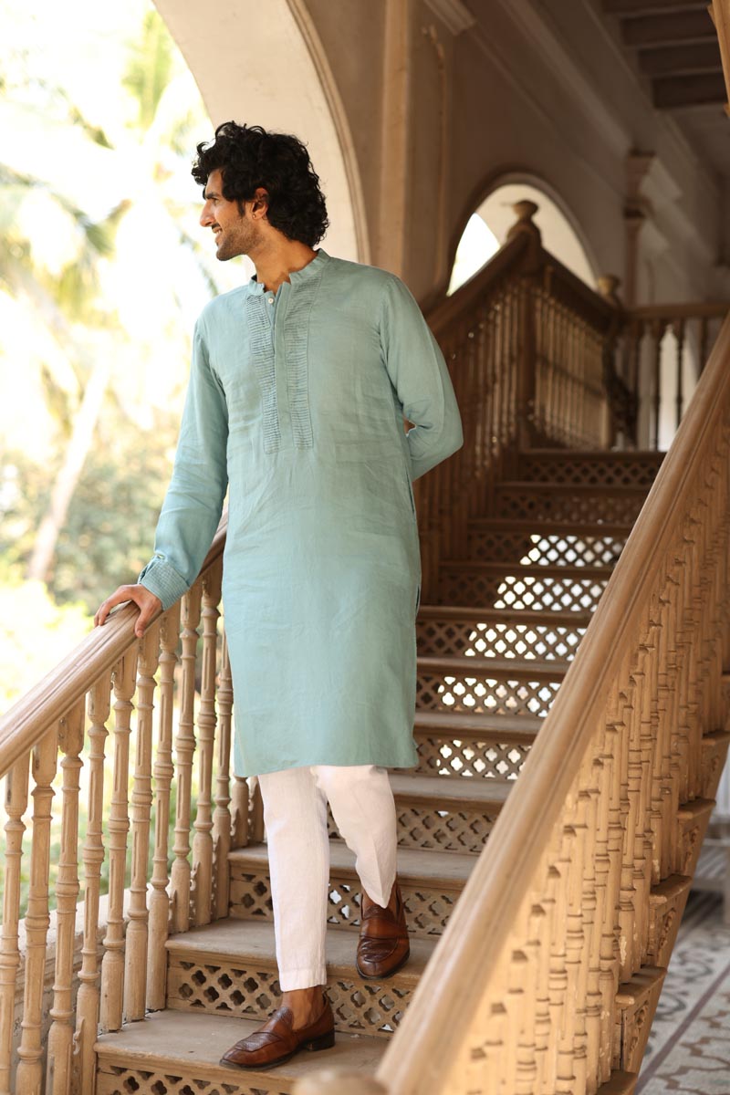 Sage Green Pleated-Cuff Kurta Set |  Linen Kurta Set for men