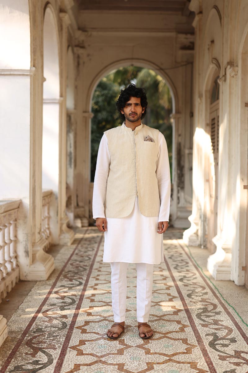 White Kurta & Jacket Set | Linen Kurta Jacket for men 