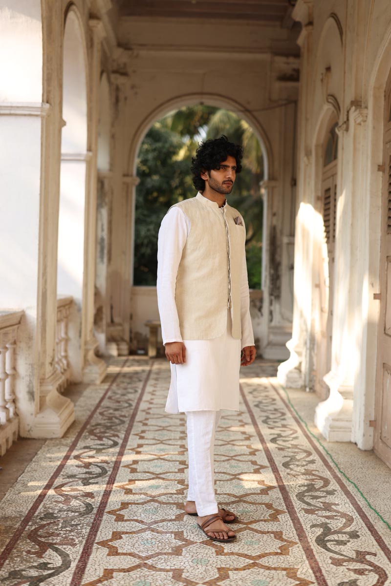 White Kurta & Jacket Set | Linen Kurta Jacket for men 