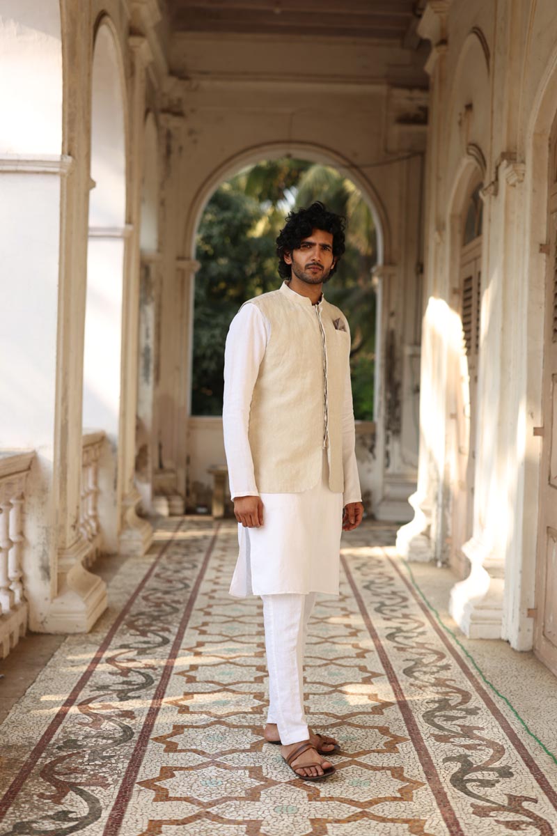 White Kurta & Jacket Set | Linen Kurta Jacket for men 