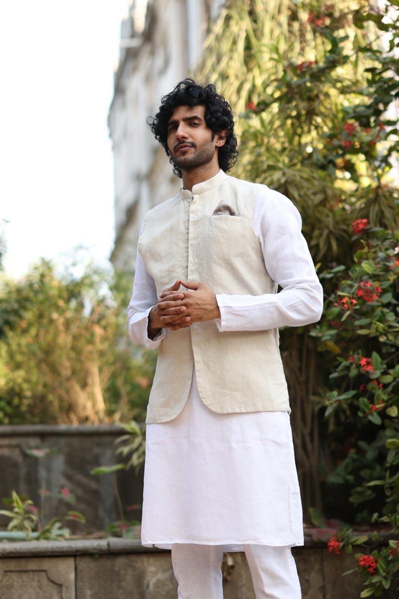 White Kurta & Jacket Set | Linen Kurta Jacket for men 