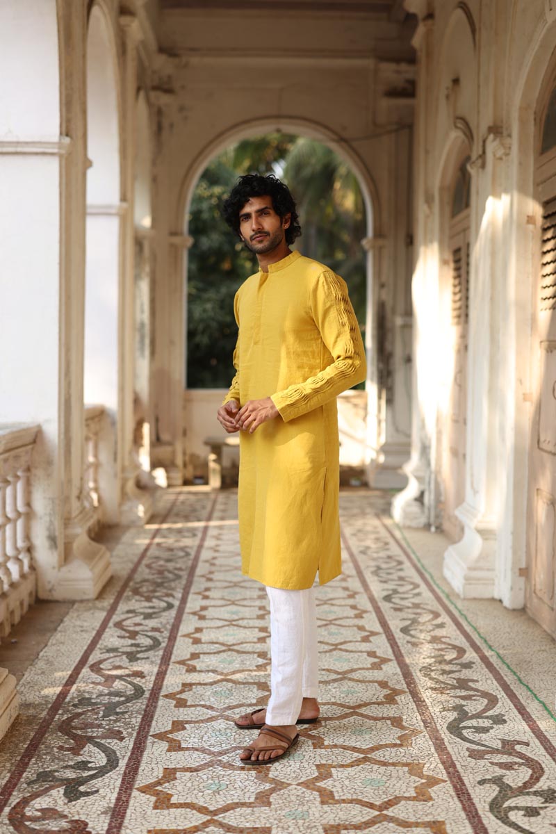 Mustard Yellow Kurta Set | linen kurta set for men