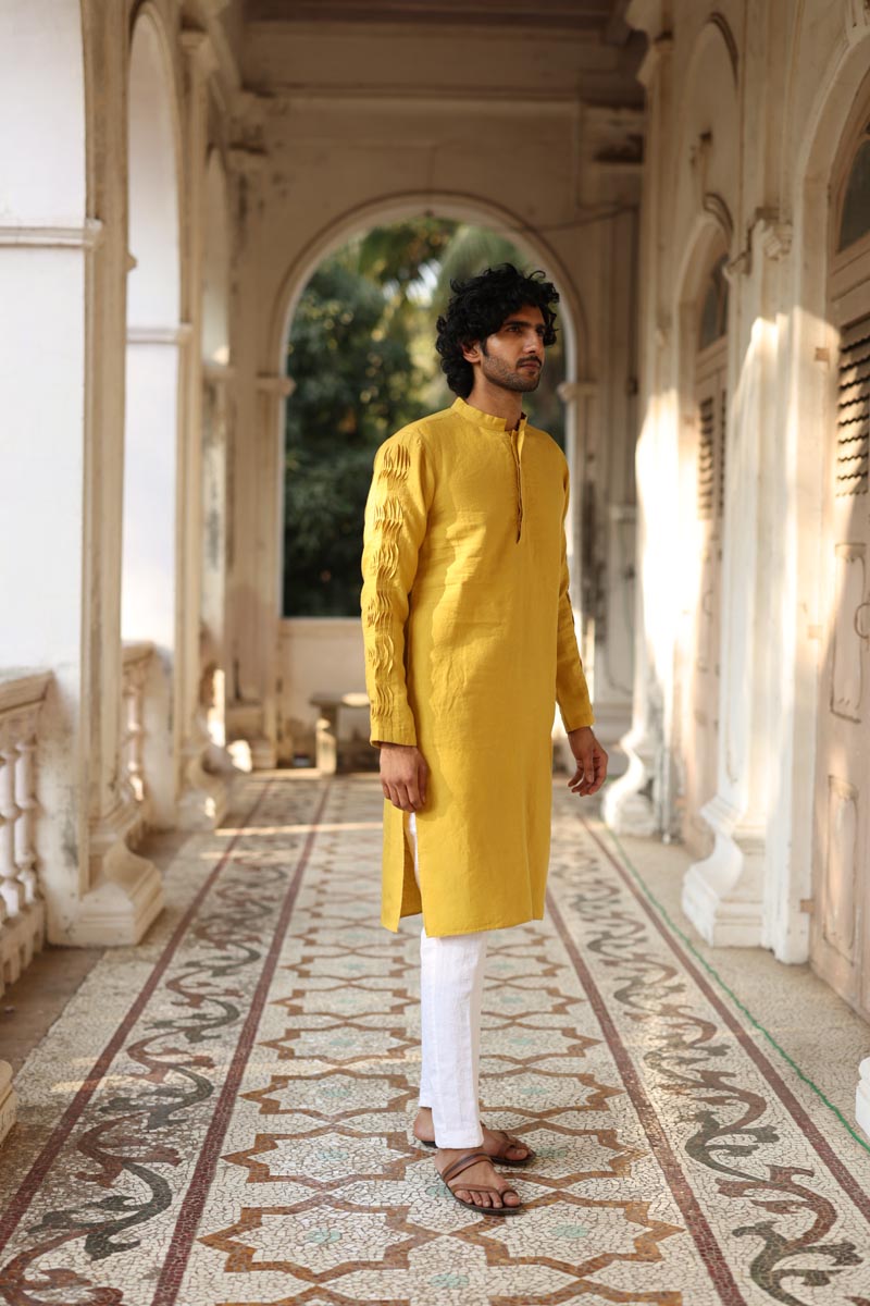 Mustard Yellow Kurta Set | linen kurta set for men