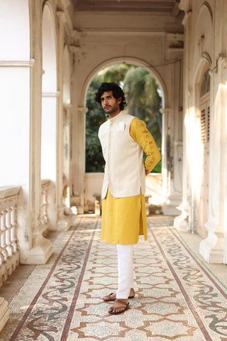 Mustard Yellow Kurta & Jacket Set | Linen Kurta Jacket  for men 