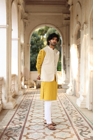 Mustard Yellow Kurta & Jacket Set | Linen Kurta Jacket  for men 