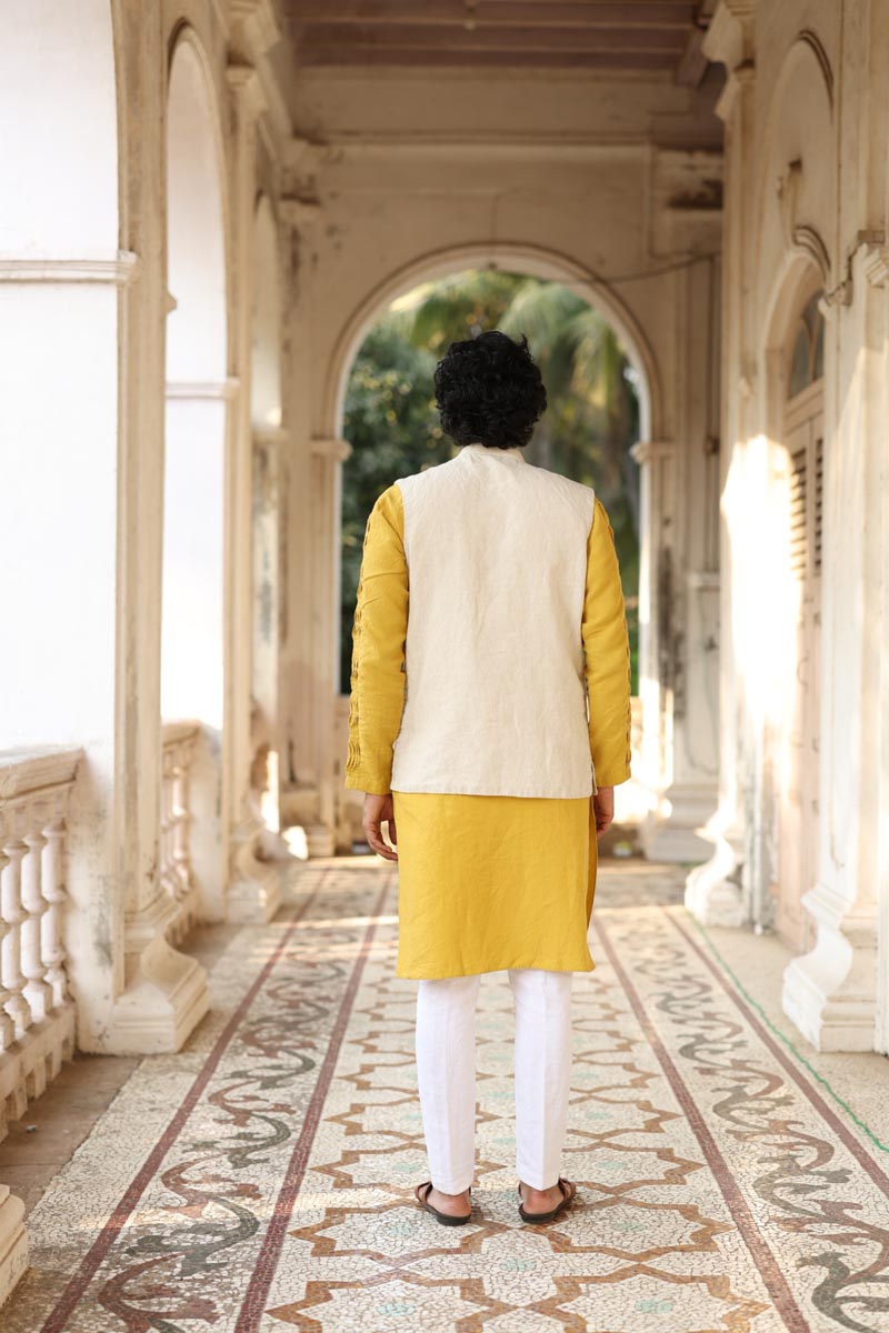 Mustard Yellow Kurta & Jacket Set | Linen Kurta Jacket  for men 