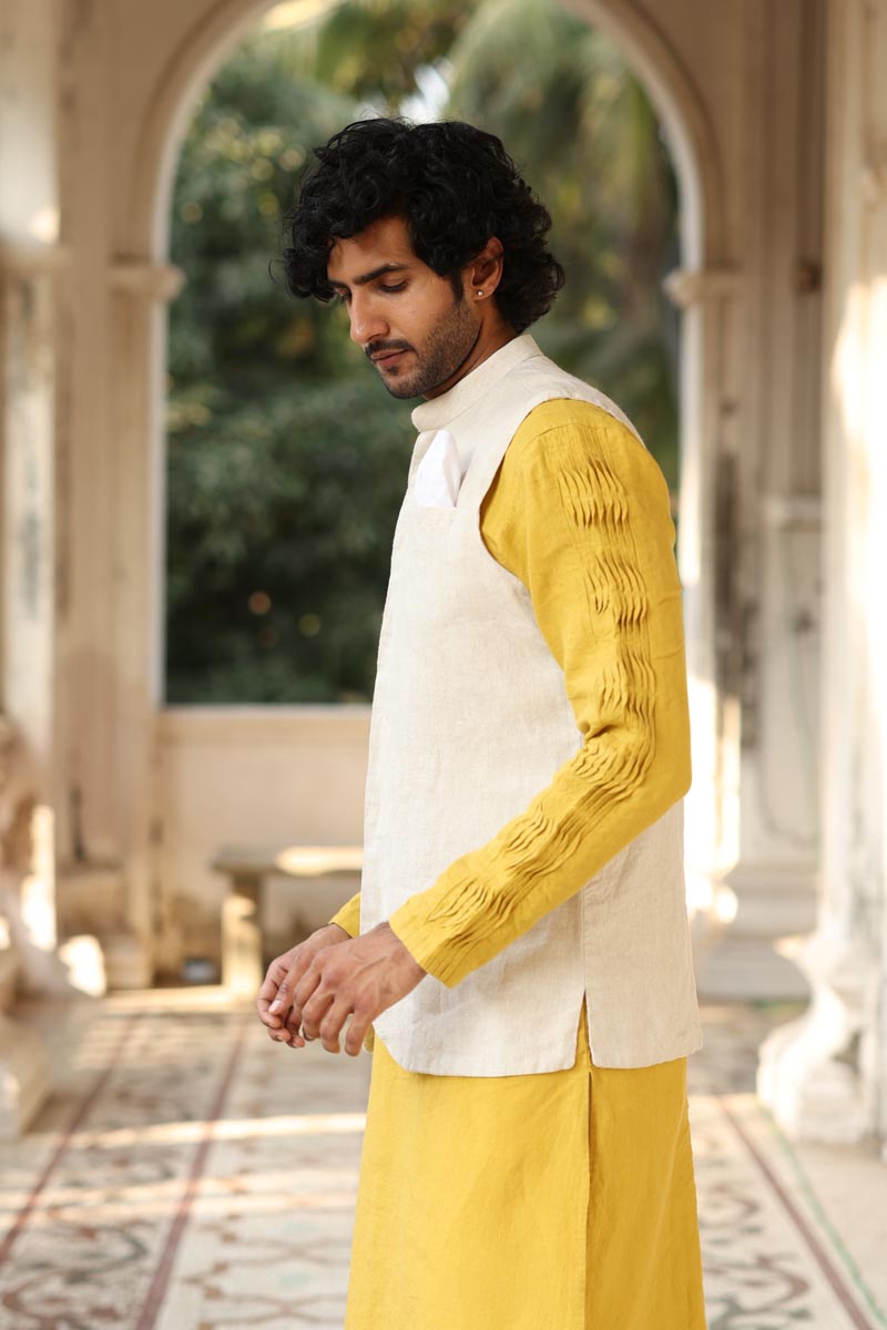 Mustard Yellow Kurta & Jacket Set | Linen Kurta Jacket  for men 