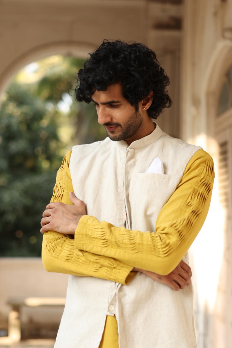 Mustard Yellow Kurta & Jacket Set | Linen Kurta Jacket  for men 