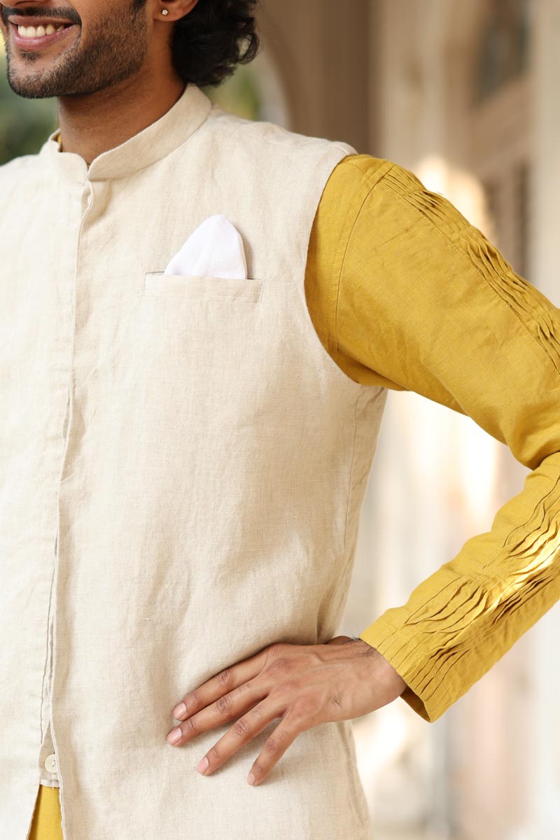 Mustard Yellow Kurta & Jacket Set | Linen Kurta Jacket  for men 