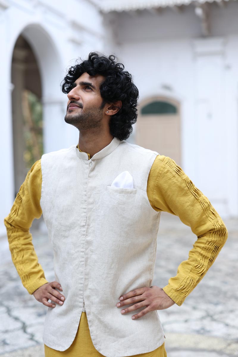 Mustard Yellow Kurta & Jacket Set | Linen Kurta Jacket  for men 