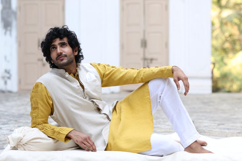 Mustard Yellow Kurta & Jacket Set | Linen Kurta Jacket  for men 