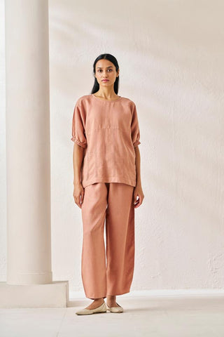 Pleated Top and Harem Pants Co-ord Set Peach - Chi Linen