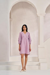 Pleated Sleeves V-neck Dress Pink - Chi Linen