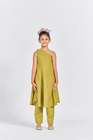 Olive green one shoulder kurta set